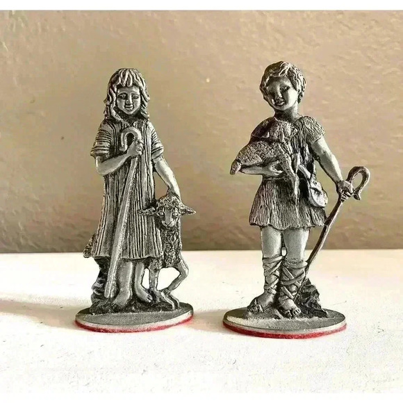 Vintage Young Child Pair Miniature Figurine Shepherd w/ Lamb Creed Pewter Metal - Picture 1 of 6